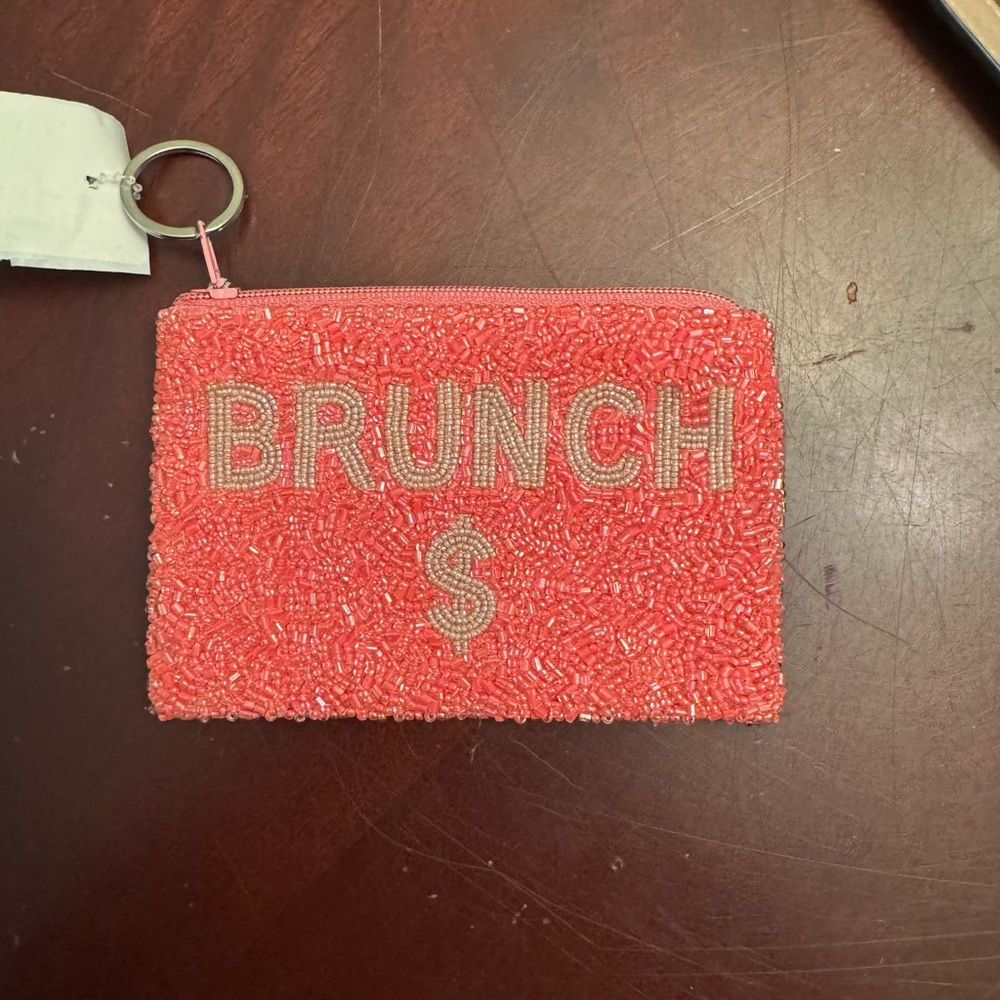 Beaded 'BRUNCH $' Coin Pouch cardholder keychain in bright Pink new with tags!
